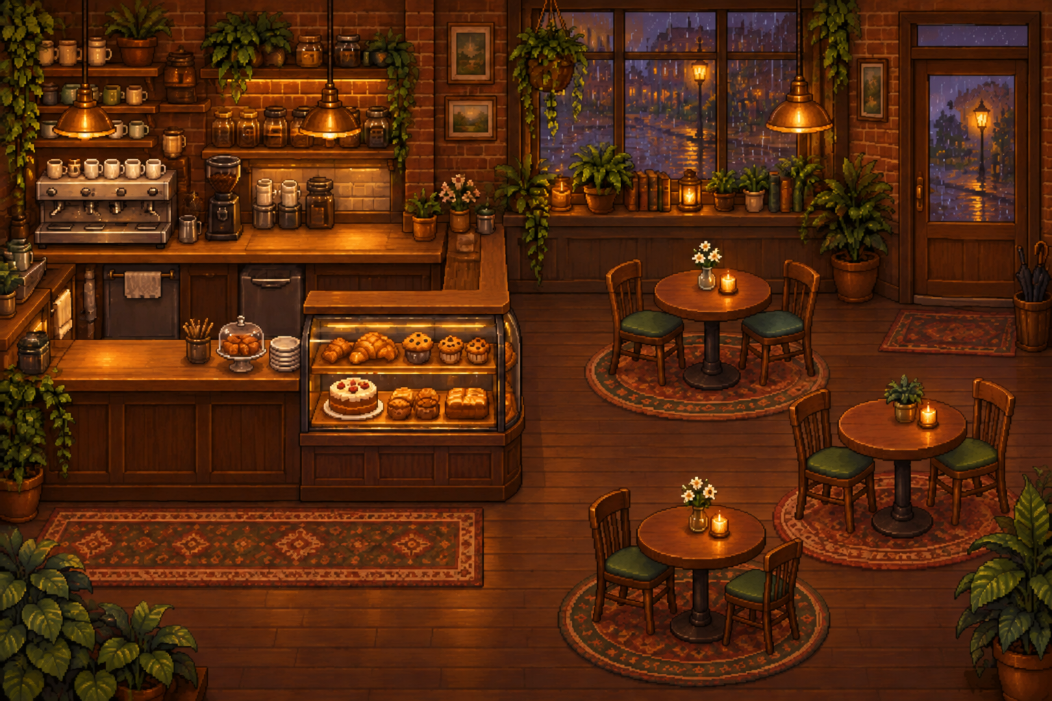 A red panda barista standing behind the counter of a warm pixel café